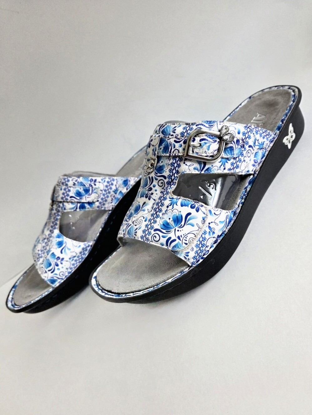 Alegria Peggy Slide Sandals Blue Leather Floral Paisley, Platform Slip-On 11.5